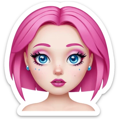 pretty bratz baddie, pale skin, bright pink hair, freckles, blue eyes with septum sticker