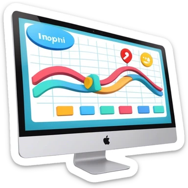 Animation and motion design. A computer screen with an animation timeline, moving frames. Display a cartoon or animated scene on the screen. Include motion design elements like flowing lines, curves, or rotating objects. Modern, creative colors. No emojis or smiley faces. Transparent background. sticker