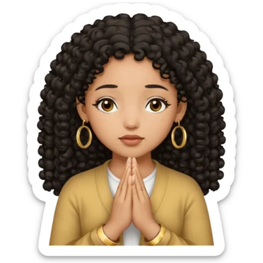 brown girl praying black curly hair and black eyes closed with gold hoop earrings sticker