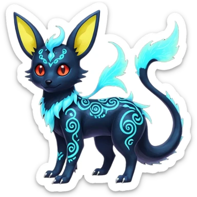 Shiny Fiery Dark Glowing Eldritch Horror Cool Edgy Badass Emo Glorious Demonic Batty Punky Aural Iridescent Fluorescent Bioluminescent Umbreon-Amaura-Salandit-Litten-Flareon-Fakémon-fusion (full body) with intricate pattern markings sticker