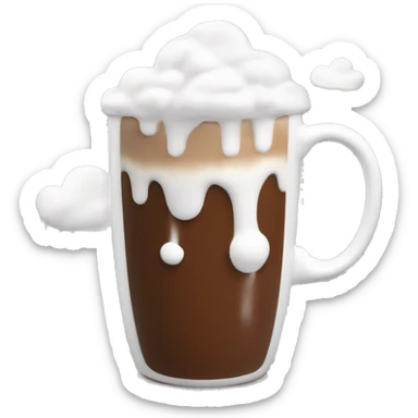 “A white ceramic mug filled with hot chocolate, topped with whipped cream and small clouds of steam rising.” sticker