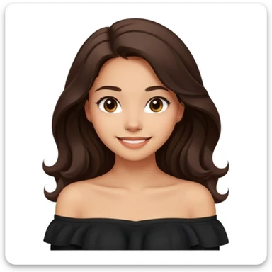 modern clean emoji of a young woman with medium skin tone, long wavy dark brown hair, wearing a black off-shoulder top, soft friendly smile, expressive eyes, warm charming style, relaxed confident vibe, neutral light color background sticker