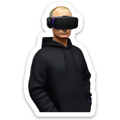 Vladimir Putin wearing a black hoodie with "OMG" letters on it and VR headset oculus quest 2 in a cyberpunk VR environment with violet neon lighting. sticker
