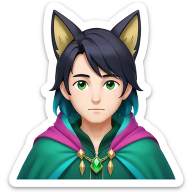 anime man with long-straight-dark-black-gradient hair with green accents, long black fox ears with pink Scapha, hazel-gradient-brown-turquoise eyes, gold earring, dark-blue-sweater, green cape,  sticker