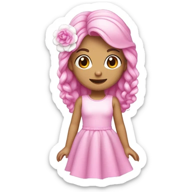 Menina com cabelo encaracolado em duas cores rosa do lado esquerdo e Lilás do lado direito. A menina está usando um vestido rosa claro com detalhes de flores brancas na barra e calçando tênis rosa brilhante. sticker