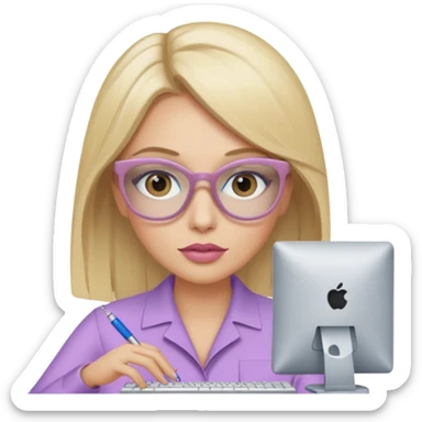 donna bella, occhi azzurri con occhiali, capelli medi, lisci e biondi, lavora al pc. Labbra color malva chiaro sticker