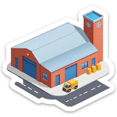 Single story warehouse building in isometric view with loading dock and roll-up door sticker