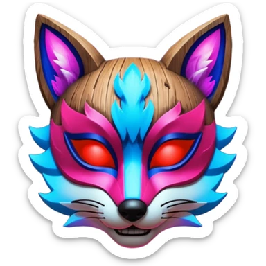 Ancient wooden mask, split in half, luminous and neon with red, blue and pink fox-like glow. sticker
