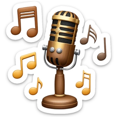 Create a warm and inviting humanless emoji representing folk singing. The design should feature a traditional microphone, perhaps with a wooden texture, symbolizing the rustic and authentic feel of folk music. Surround the microphone with subtle elements such as a hand-played tambourine, an accordion, or a balalaika to reflect the folk instruments. Add flowing musical notes to symbolize the vocal melodies. Use earthy, natural colors like browns, reds, and greens to evoke a sense of tradition, warmth, and connection to the community. The background should be transparent. sticker