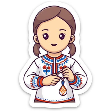 Ukrainian girl in traditional embroidered vyshyvanka shirt holding a DNA molecule in her hand sticker