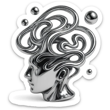 abstract representation of thought in chrome style, swirling metallic forms and floating orbs, ethereal and reflective sticker