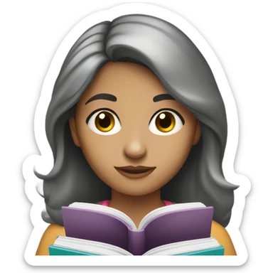 girl reading book, black eyes, Hispanic, grayish hair, wearing classes  sticker