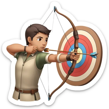 An archer drawing a bow and aiming an arrow at a target, with perfect focus and precision. The target is visible in the background, featuring concentric rings. The scene captures the concentration and skill involved in archery, emphasizing the elegance and accuracy of the sport. sticker