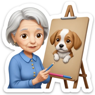 An elderly woman sketching, art board,nice picture, puppy face. sticker