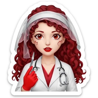 Lilith scalpel in hand, evil surgeon outfit.  She has red eyes. She has dark brown curly hair. Hair is long . Wears sexy doctor outfit with red gloves. Covers nose, neck and mouth with Muslims  sticker