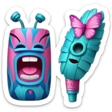 Cartoon Blue and pink tiki singing with butterfly and in the mikrophone sticker