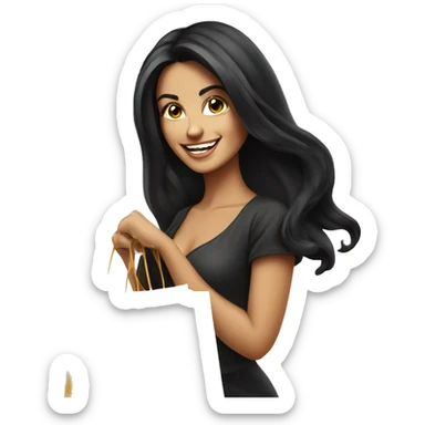 Tanned beautiful italian woman with long black hair smiling and holding bags shopping, glamorous realism sticker