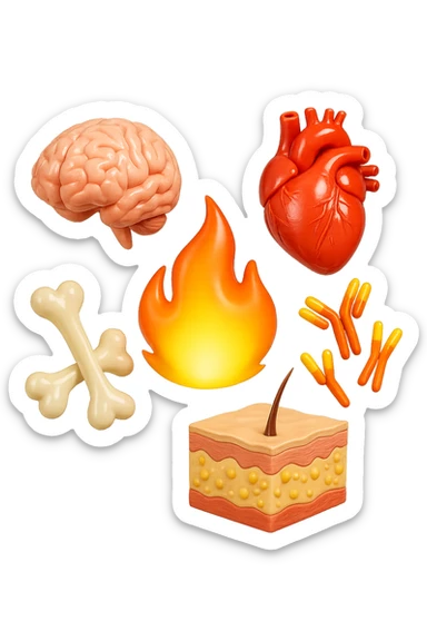 EMOJI STILE IPHONE 3D DI cervello, ossa, cuore, porzione di epidermide e cellule di anticorpi che girano in tondo, al centro di questi elementi c'è una fiamma 3d  FALLO MOLTO REALISTICO IN 3D sticker