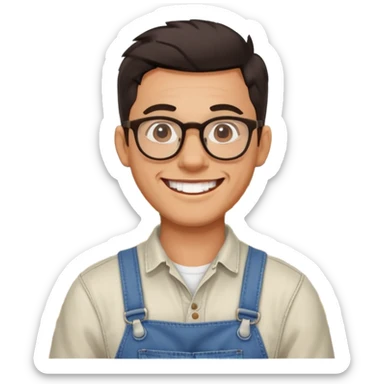 smiling dark-haired man with glasses, big teeth, standard male haircut, rural farmer sticker