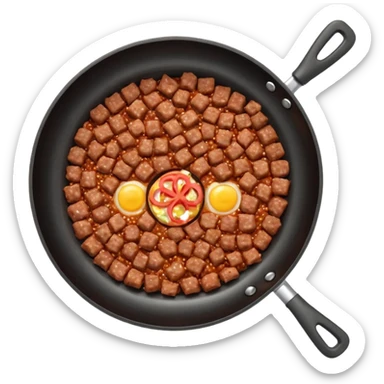 A 3D cartoon frying pan with minced meat being cooked, top view, realistic texture, Memoji-style. sticker