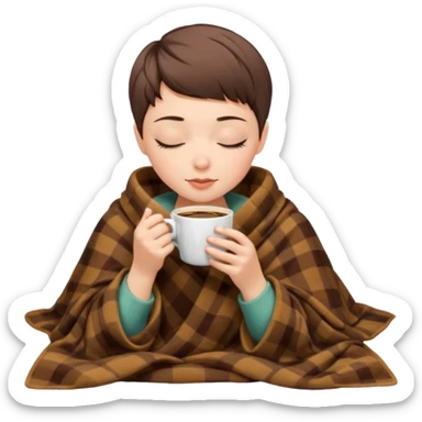 white girl pixiecut Hair Brown inside a blanket sipping coffee eyes closed sticker