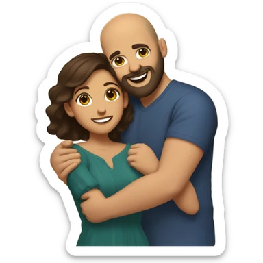 Brown-haired Puerto Rican woman with dark brown eyes wearing a cute blouse giving comforting hug to short, bald man with brown eyes, laugh lines, and a beard sticker