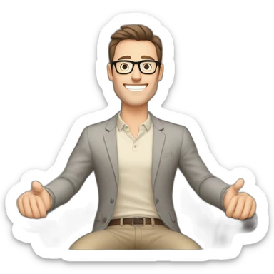 Joyful Celebrating victory Hands up Pale skinned Fit Man With dark brown hair in gray jacket, beige office shirt, Brown pants and vintage glasses sitting In a soft chair sticker