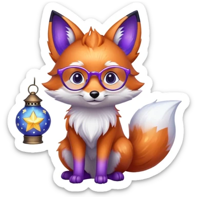 a small magical fox with shimmering purple and blue fur, a glowing fluffy tail, a silver star on its forehead, round glasses, and a tiny lantern. ❤️ sticker