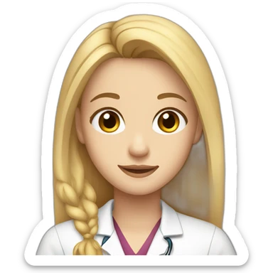 a teenager, with light brown eyes, long blonde hair, wearing a veterinary doctor's outfit sticker