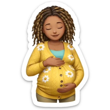 pregnant black woman with dread lock hair happily touching her big belly while wearing casual shirt and yellow warm  flowery cardigan closing her eyes and smile wamrly sticker