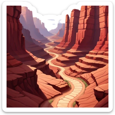 Cinematic Realistic Canyon Emoji, Vast and rugged, with deep red rock formations and winding paths leading down to a dry, dusty floor. Sunlight casts long shadows across the craggy surfaces, highlighting the layers of ancient rock. Soft glowing outline, capturing the essence of dramatic beauty and ancient history in a mighty canyon. sticker