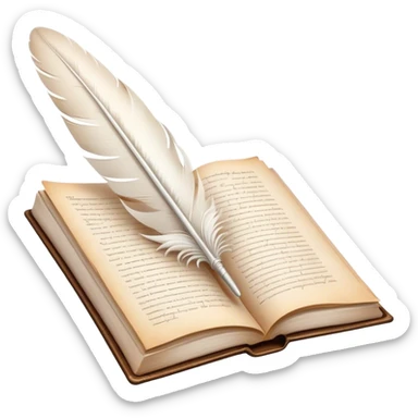 Create a poetic and elegant emoji representing poetry. The design should feature several vintage, gracefully flying pages with short, poetic columns written on them. A white feather quill should be depicted writing on one of the pages, with ink flowing smoothly. The pages should have a soft, antique look, with subtle details to convey the delicate nature of poetry. Use soft, light colors with a romantic, airy feel. Make the background transparent. sticker