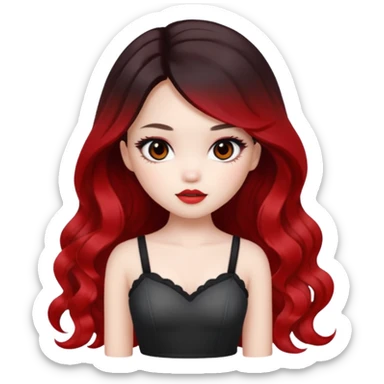 black ombre to red long wavy hair, pretty bratz baddie, pale skin, dark brown eyes, asian pretty bratz baddie sticker