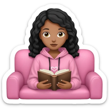 Una chica linda de cabello negro con ondas hasta los hombros de piel blanca con una sudadera rosa en un sofá cómodo y hermoso leyendo la biblia sticker