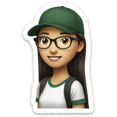 Hyper realistic, look from side, asian girl, light white skin, smiling with teeth, black eyes, spotted frame glasses, long brown straight hair with highlighted strands, black T-shirt, dark green cap. sticker