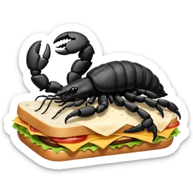MAKE A SCORPION ON TOP OF A EHITE FLUFFY CLOUD THAT IS HOLDING A SANDWICH IN ITS CLAW AND LOOKING LIKE ITS EATING IT AND ITS NOT ON TOP OF THE SANDWICH ITS HOLDING IT AND NO SANDWICH UNDER ITS FEET OMG JUST MAKE A CLOUD AND ON TOP OF IT IT SHOULD BE A SCORPRON. HOLDING A SANDWICH sticker