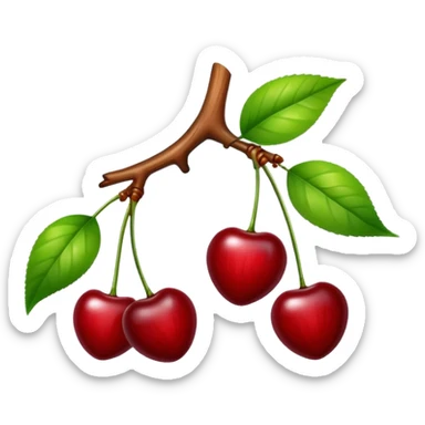 Two glossy red cherries hanging from a wooden branch with green leaves sticker