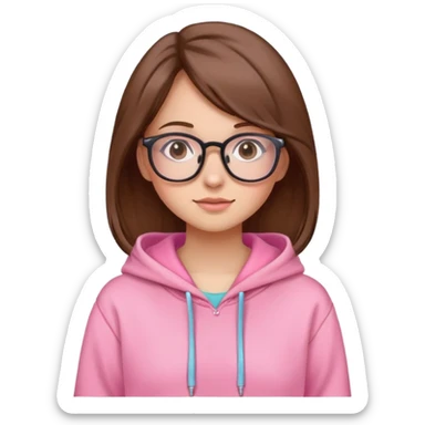 A pretty girl with brown hair and glasses wearing a pink cute hoodie sticker