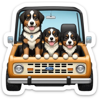 Cream colored ford bronco with no roof and an adult Bernese mountain dog in the seat sticker