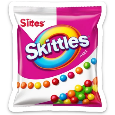 A vintage 90s Skittles package with neon accents, radical 90s American style, old school logo, bright and colorful sticker