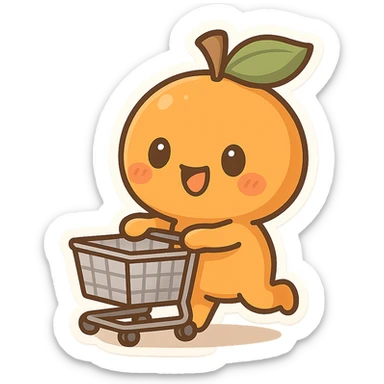 an orange character pushing a shopping cart, cute and playful sticker