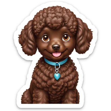 Cinematic Cute Chocolate Poodle Portrait Emoji, Head tilted playfully and inquisitively, showcasing a bouncy, curly chocolate Fur with a healthy sheen, round, sparkling brown eyes filled with curiosity, Simplified yet irresistibly adorable features, highly detailed, glowing with a warm, friendly glow, high shine, affectionate and lively, stylized with a touch of whimsy, bright and endearing, soft glowing outline, capturing the essence of a mischievous yet loving companion, so playful it feels like it could bounce out of the screen and into your arms! sticker