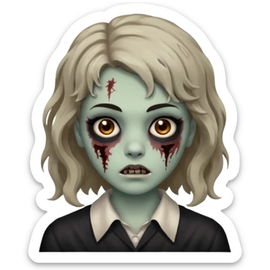Cabelo ondulado  um pouco cheio e franja curta  Olhos marrons e pequenos e feita d ezumbi sticker