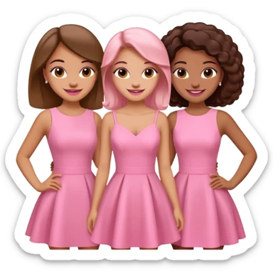 3 besties with professional glammed up looks wearing pink, medium skin tone smiling big sticker
