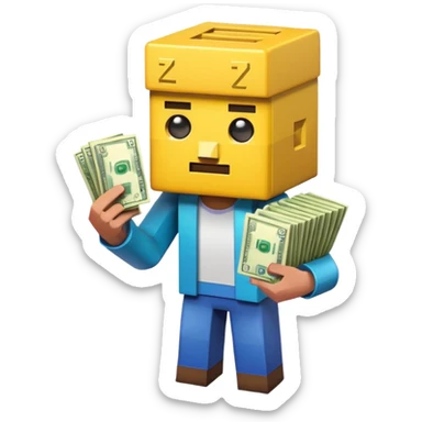 emoji style icon, minecraft blocky character holding a stack of money, pixel art style, bright colors, simple background, 3D glossy emoji, centered composition, soft shadow, high detail, clean outline, white background sticker
