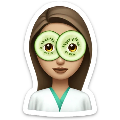 Girl with freackles Brown hair white skin and blue eyes wears Green colored texture skin care mask all over her face while She relaxes and puts two round piece of cucumber on her closed eyes In a white Robe sticker