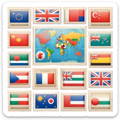 Icon for Stamp Collecting: a collection of vintage and colorful stamps arranged in an album or on a desk, with a large stamp block in the center showcasing different countries and themes. The icon should reflect the charm and history of philately. Transparent background. sticker