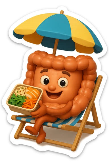 EMOJI STILE IPHONE DI INTESTINO IN SPIAGGIA SU UNA SPIAGGINA SOTTO L'OMBRELLONE CON IN MANO UNA SCHISCETTA DI Insalata di quinoa e pollo con rucola e carote, iperrealistica 4k sticker