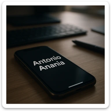 A photo of an iPhone with the message "Antonio Anania" on its screen, The phone sits atop a desk with a blurred background that suggests work environment. A faint glow from above casts gentle shadows across the surface of each object, creating depth and highlighting their textures. sticker