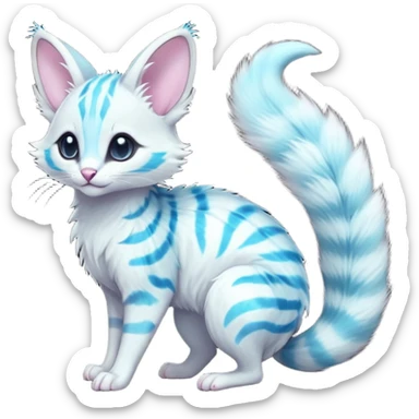  cute adorable whitish pastel fur with glowing bioluminescent random colorful markings iridescent beautiful elegant pretty precious cute young youthful  Fakémon-Pokémon-alien-opossum-feline-serval-caracal-chinchilla-Minccino-hybrid-creature with a big fluffy bushy striped tail (full body) sticker